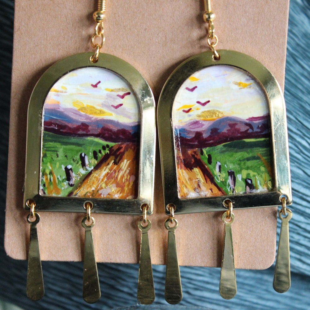Hand painted Landscape Gold Dangle Earrings